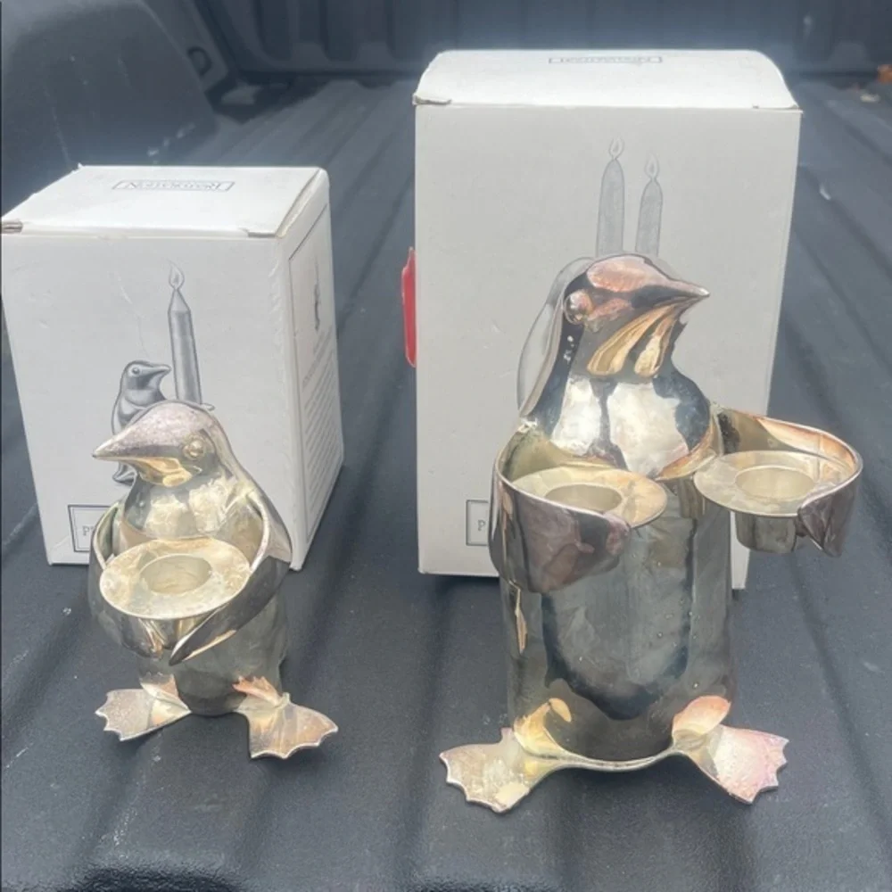 Restoration Hardware Vtg Set of 2 Penguin Candle Holders Silverplate Candlestick